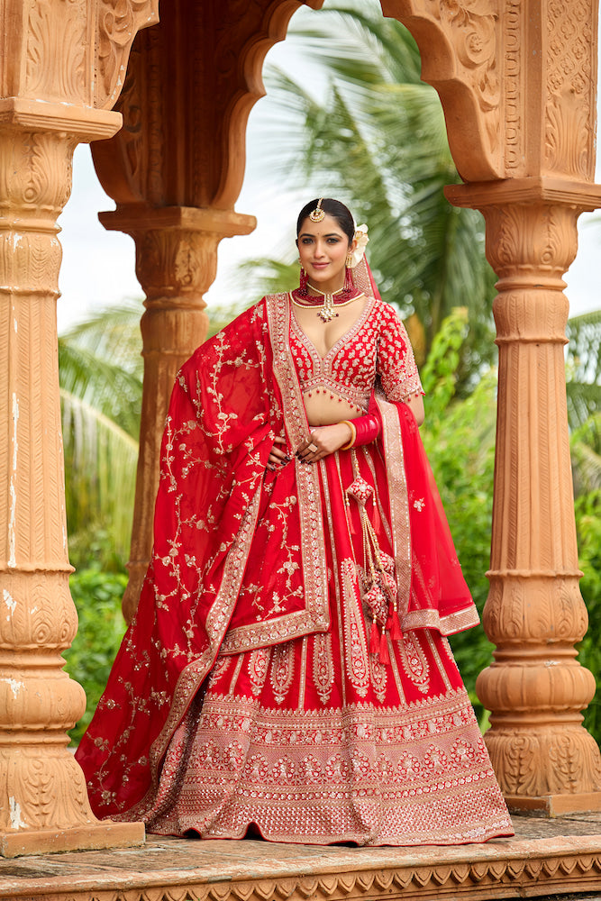 Rajwada Crimson Elegance Bridal Lehenga Choli with Intricate Golden Embroidery