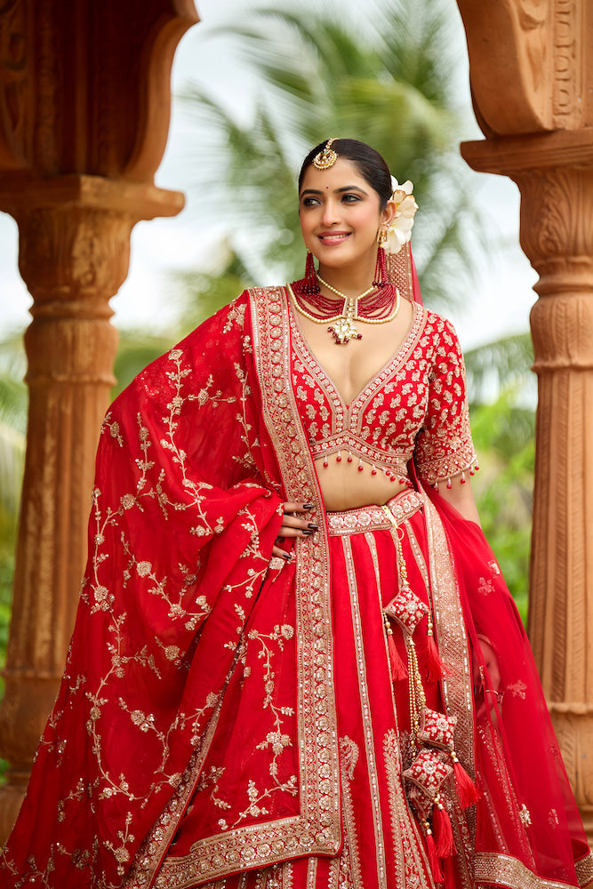 Rajwada Crimson Elegance Bridal Lehenga Choli with Intricate Golden Embroidery
