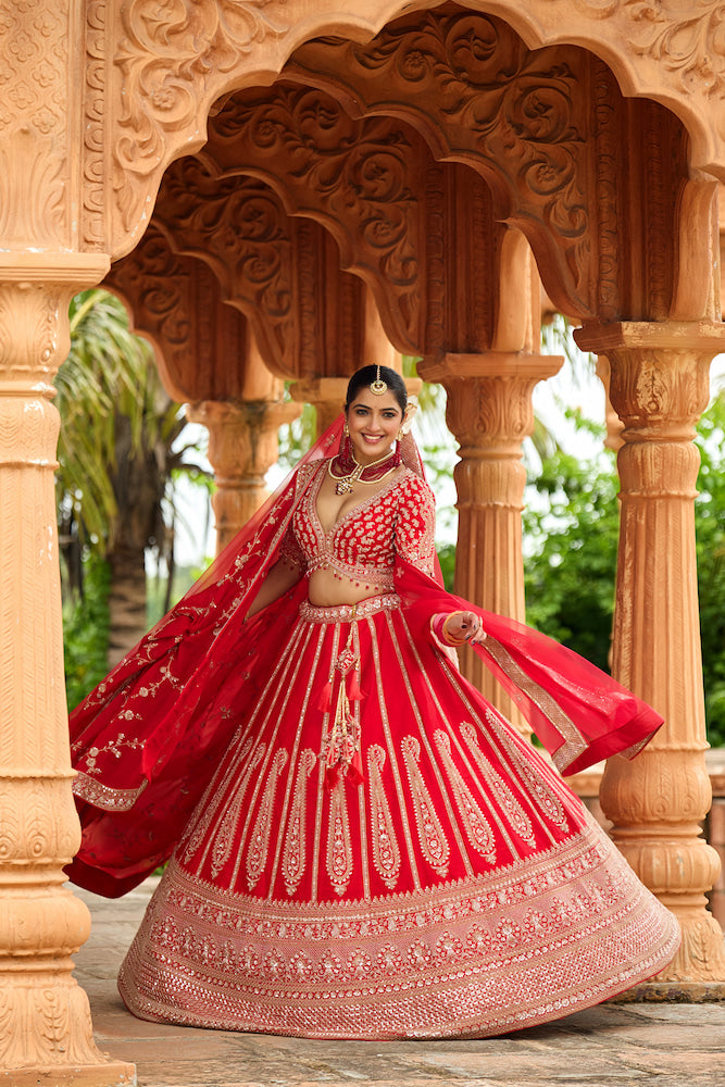 Rajwada Crimson Elegance Bridal Lehenga Choli with Intricate Golden Embroidery