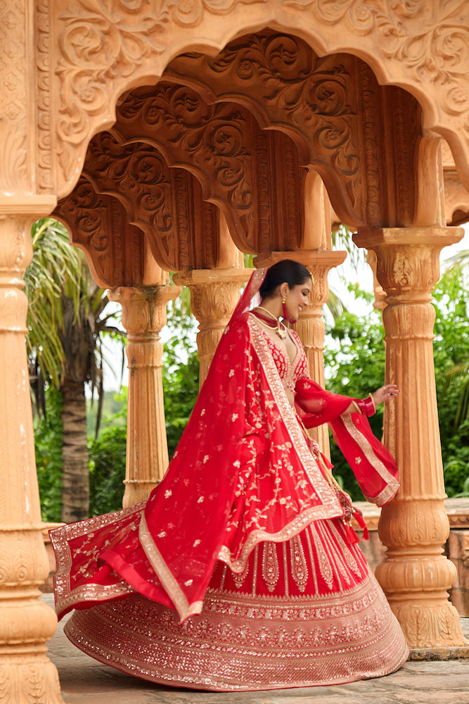 Rajwada Crimson Elegance Bridal Lehenga Choli with Intricate Golden Embroidery
