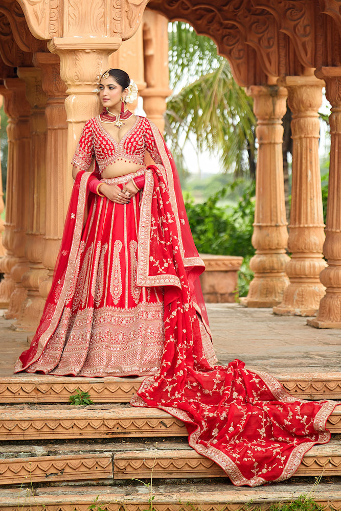 Rajwada Crimson Elegance Bridal Lehenga Choli with Intricate Golden Embroidery