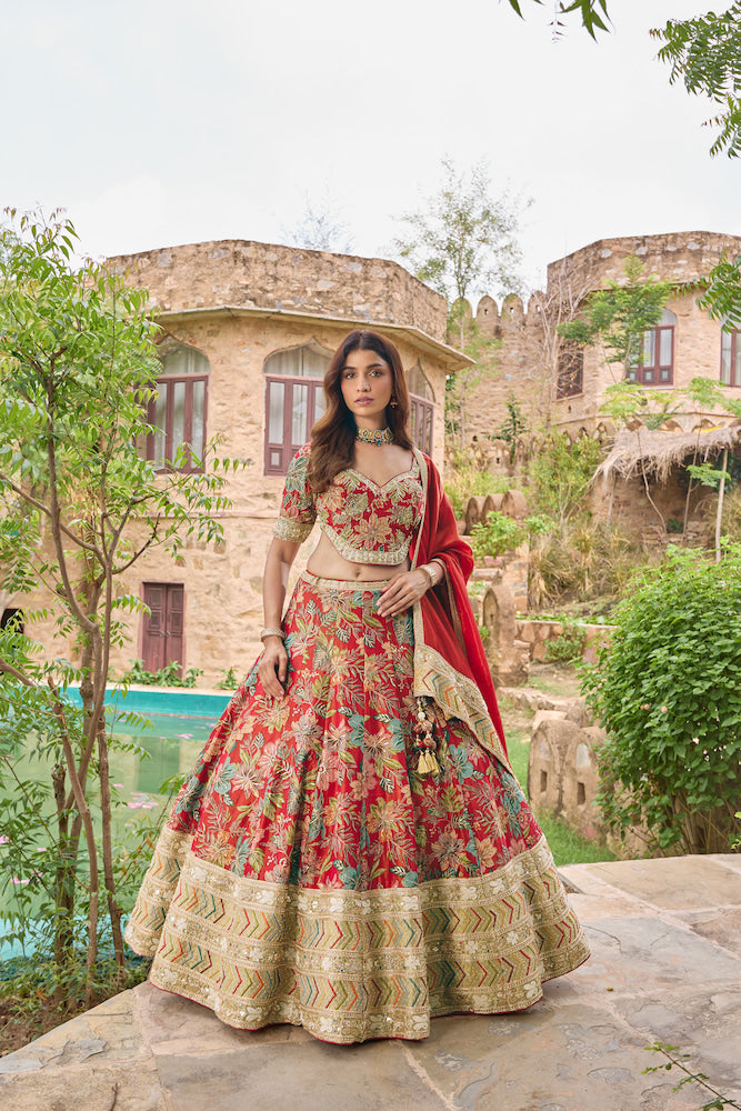 Coral Pink Floral Lehenga Choli with Red Dupatta and Golden Embroidery