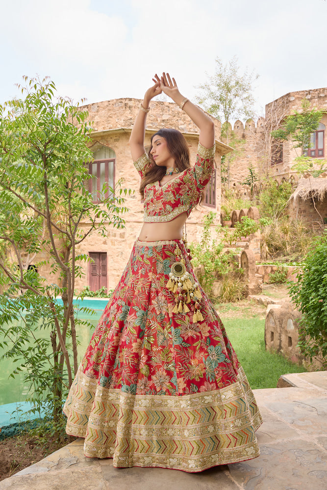 Coral Pink Floral Lehenga Choli with Red Dupatta and Golden Embroidery