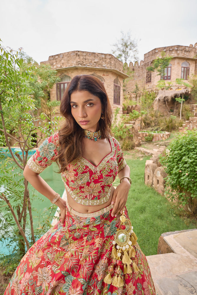 Coral Pink Floral Lehenga Choli with Red Dupatta and Golden Embroidery