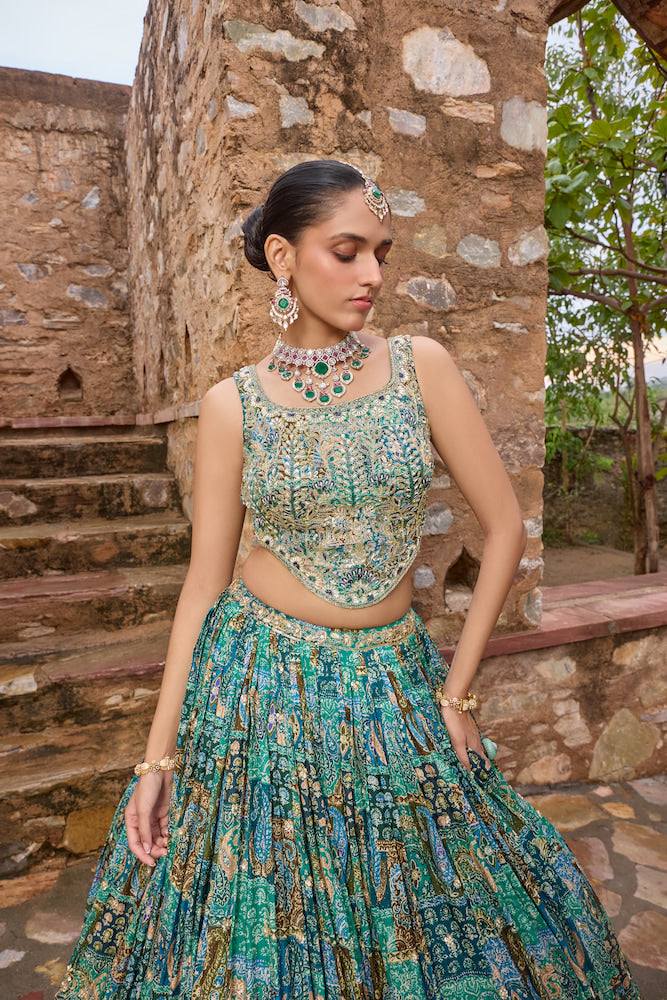 Teal Blue Heritage Lehenga Choli with Antique Gold Embroidery and Traditional Motifs