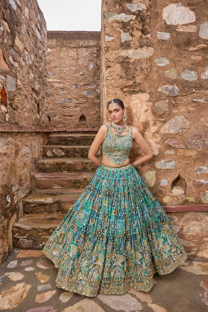 Teal Blue Heritage Lehenga Choli with Antique Gold Embroidery and Traditional Motifs