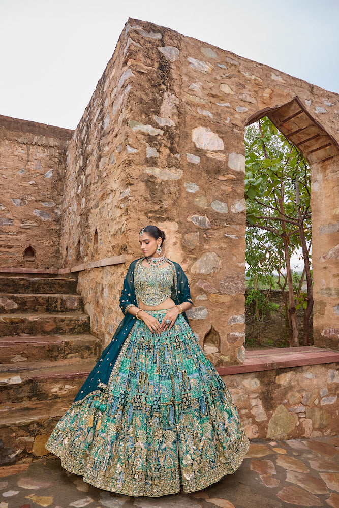 Teal Blue Heritage Lehenga Choli with Antique Gold Embroidery and Traditional Motifs