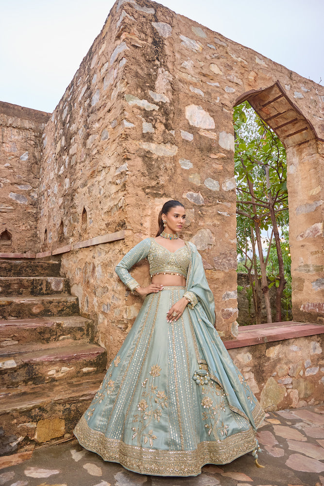 Powder Blue Designer Lehenga Choli with Silver Embroidery and Matching Dupatta