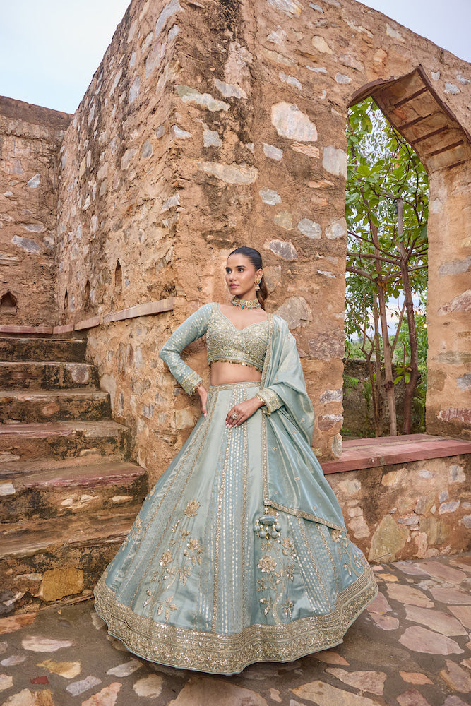 Powder Blue Designer Lehenga Choli with Silver Embroidery and Matching Dupatta