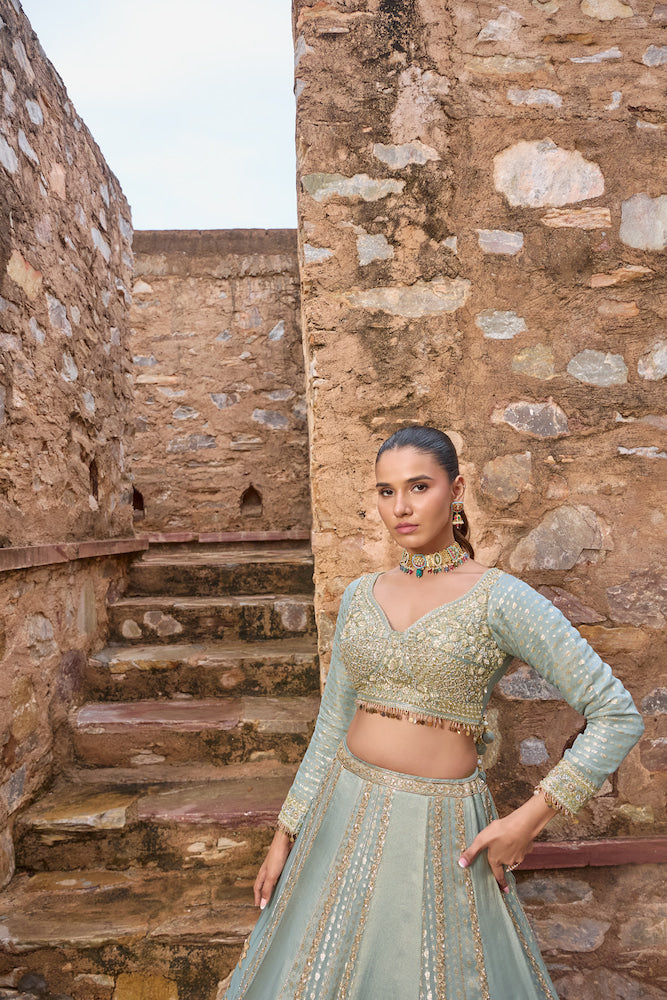 Powder Blue Designer Lehenga Choli with Silver Embroidery and Matching Dupatta