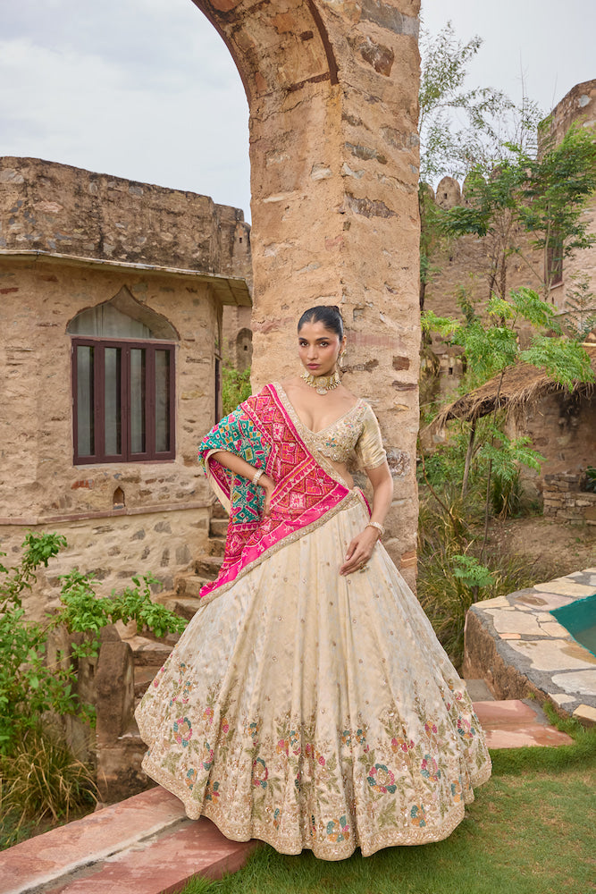 Ivory Cream Floral Lehenga Choli with Multicolour Embroidery and Pink Turquoise Dupatta