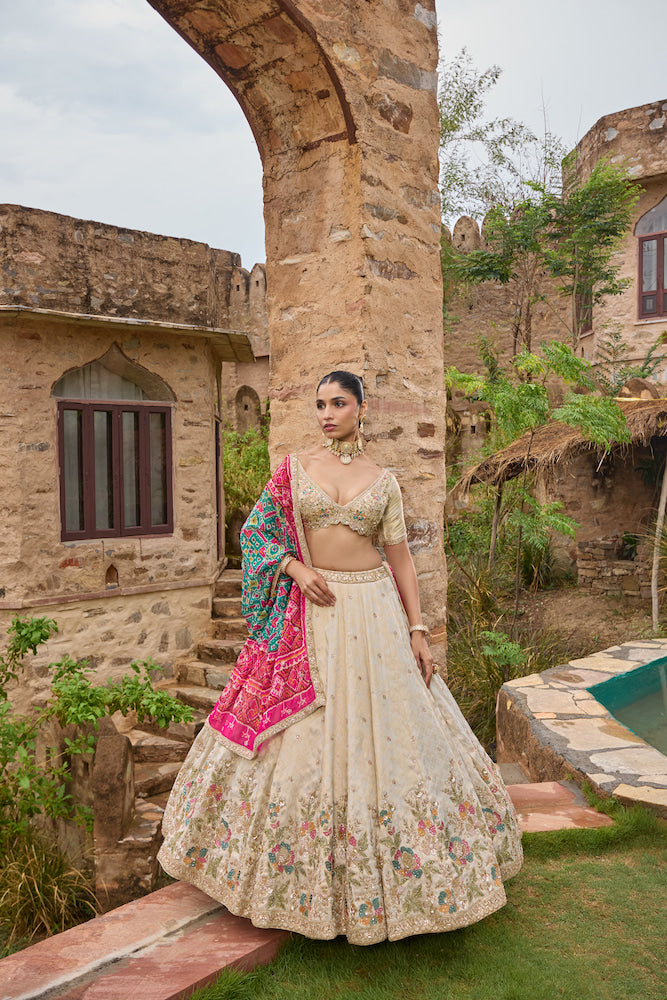 Ivory Cream Floral Lehenga Choli with Multicolour Embroidery and Pink Turquoise Dupatta