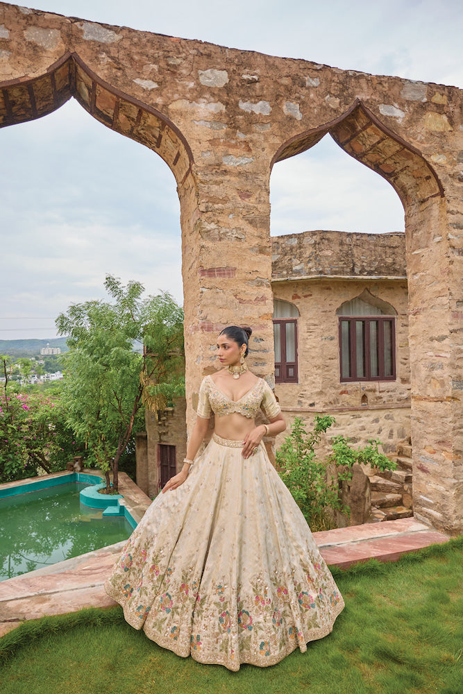 Ivory Cream Floral Lehenga Choli with Multicolour Embroidery and Pink Turquoise Dupatta