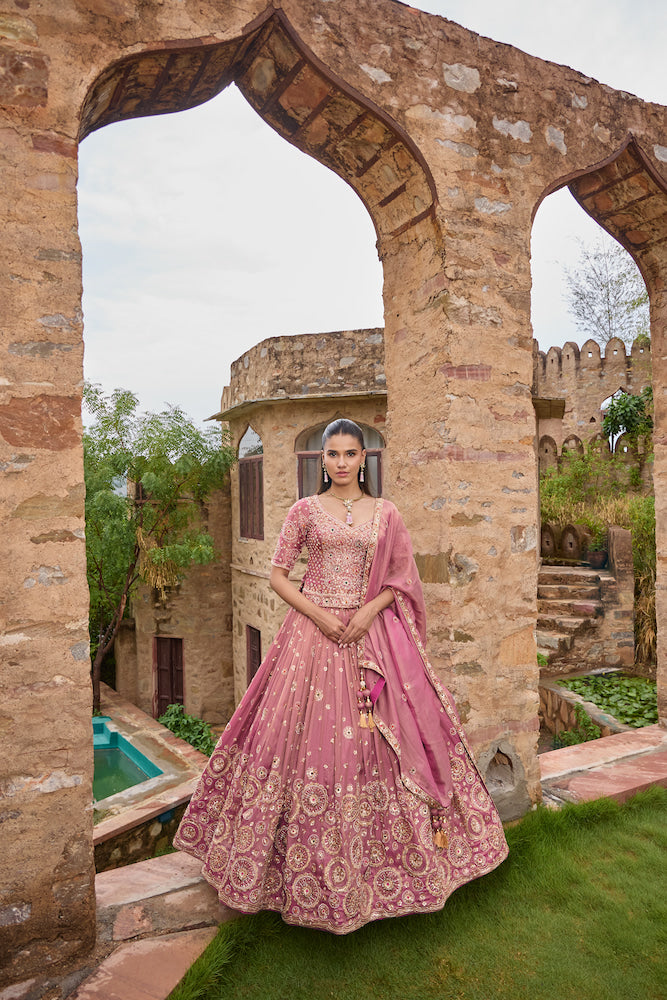 Dusty Rose Pink Designer Lehenga Choli with Golden Embroidery and Matching Dupatta