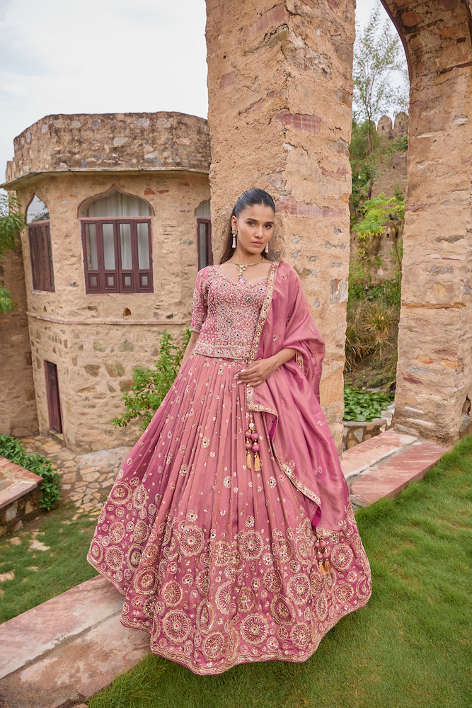 Dusty Rose Pink Designer Lehenga Choli with Golden Embroidery and Matching Dupatta
