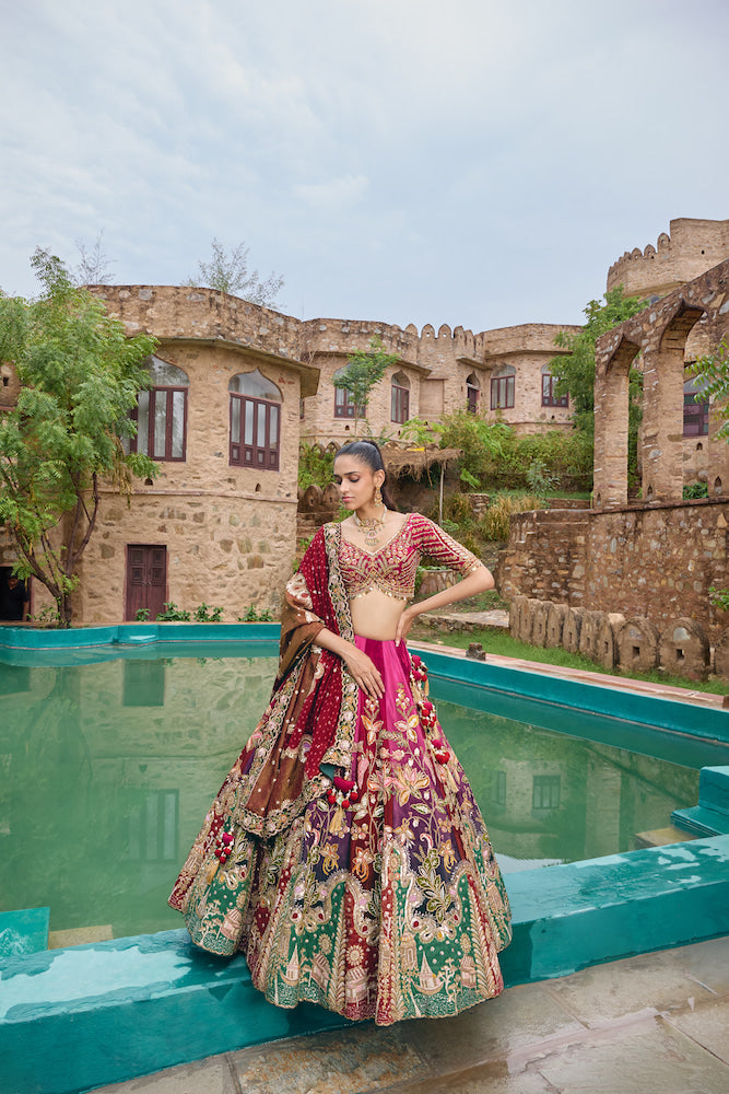 Magenta Pink Lehenga Choli with Multicolour Floral Embroidery and Traditional Motifs