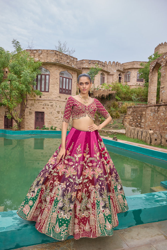 Magenta Pink Lehenga Choli with Multicolour Floral Embroidery and Traditional Motifs