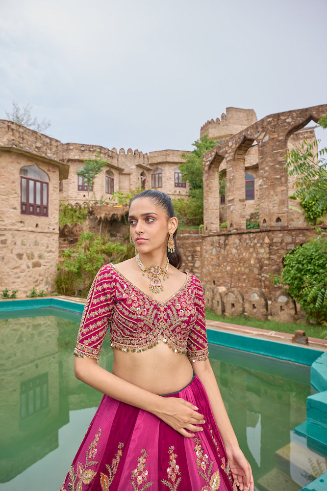 Magenta Pink Lehenga Choli with Multicolour Floral Embroidery and Traditional Motifs