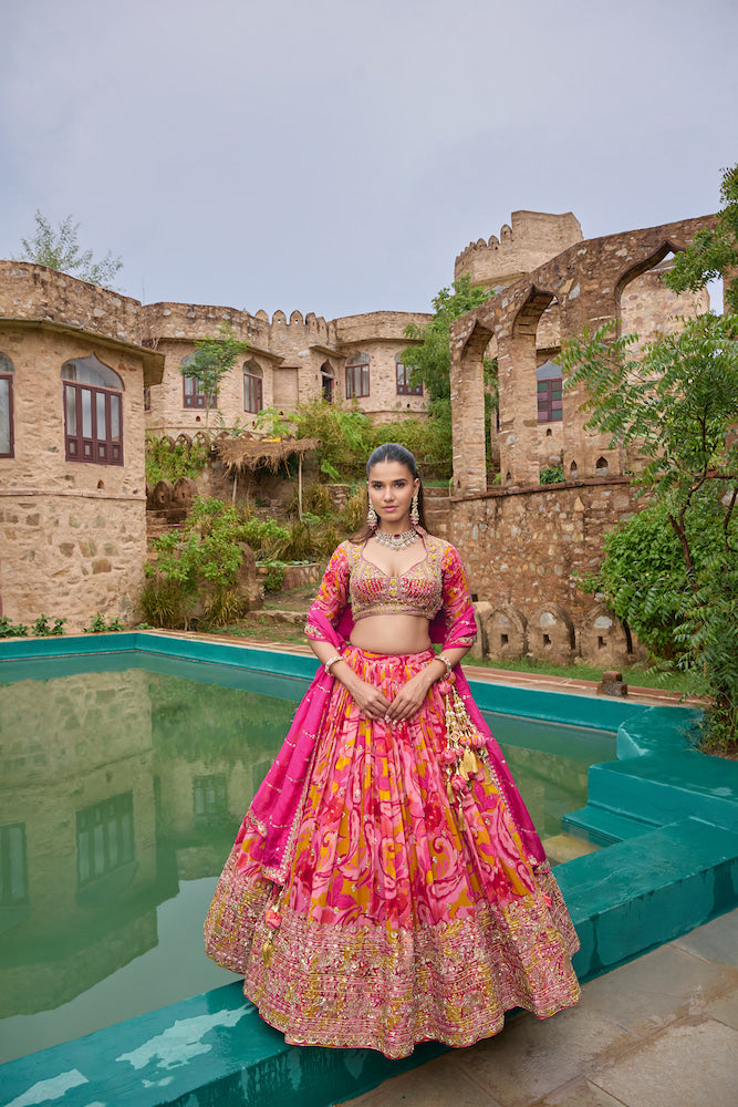 Bright Pink Floral Lehenga Choli with Golden Embroidery and Designer Dupatta