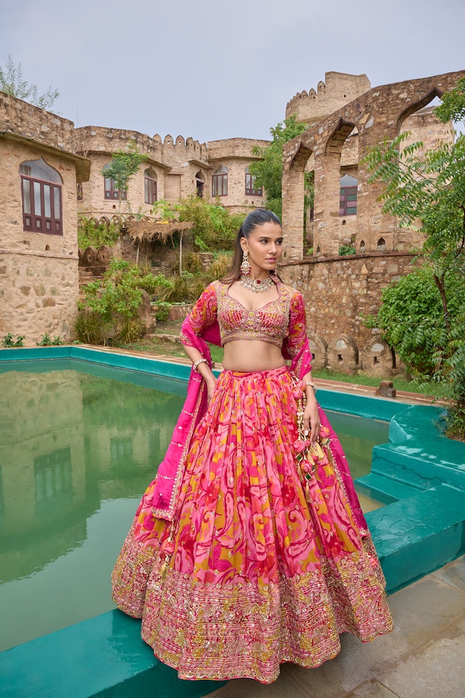 Bright Pink Floral Lehenga Choli with Golden Embroidery and Designer Dupatta