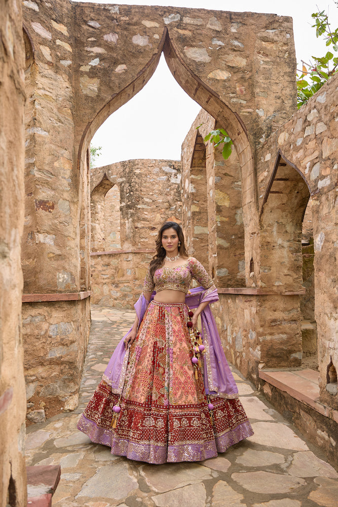 Peach Multicolour Patchwork Lehenga Choli with Maroon Embroidered Borders