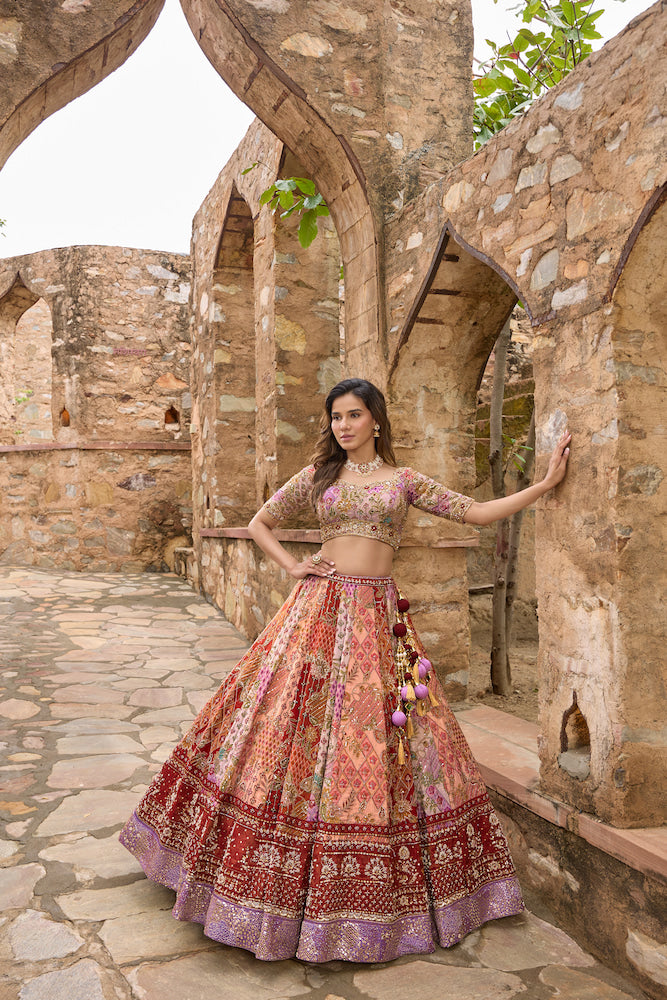Peach Multicolour Patchwork Lehenga Choli with Maroon Embroidered Borders