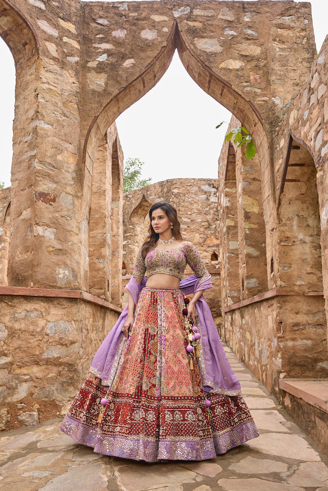 Peach Multicolour Patchwork Lehenga Choli with Maroon Embroidered Borders