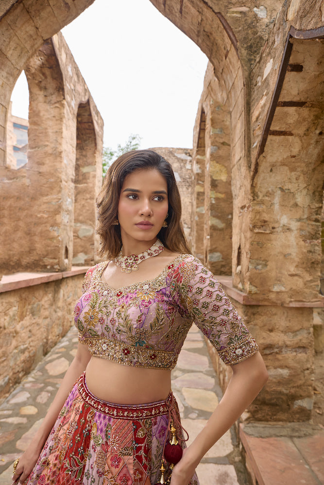 Peach Multicolour Patchwork Lehenga Choli with Maroon Embroidered Borders