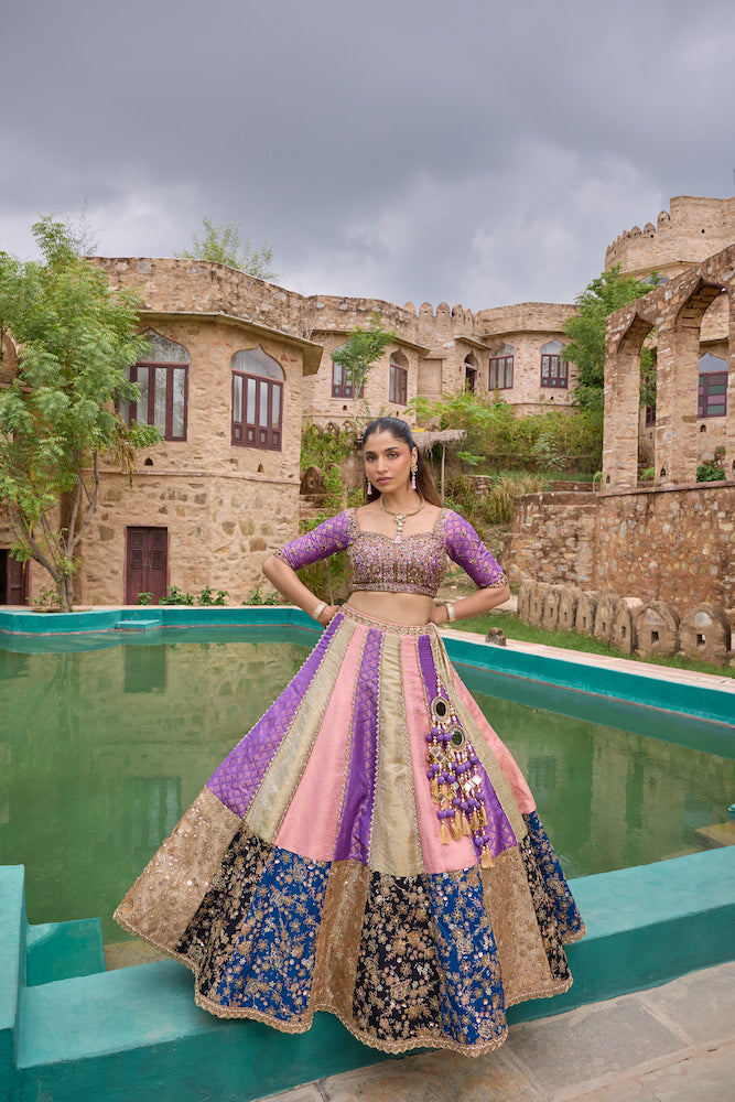 Purple and Multicolour Lehenga Choli with Patchwork Panels and Golden Embroidery