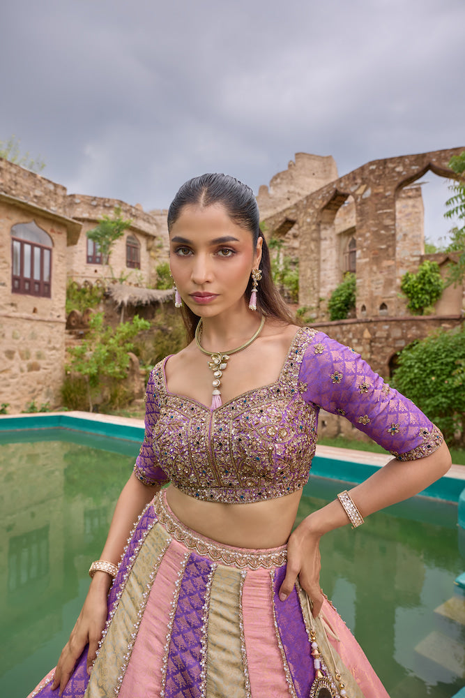 Purple and Multicolour Lehenga Choli with Patchwork Panels and Golden Embroidery