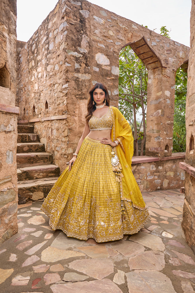 Mustard Yellow Designer Lehenga Choli with Golden Embroidery and Elegant Dupatta