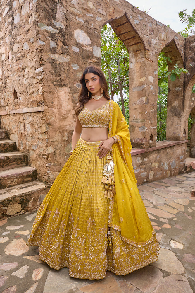 Mustard Yellow Designer Lehenga Choli with Golden Embroidery and Elegant Dupatta