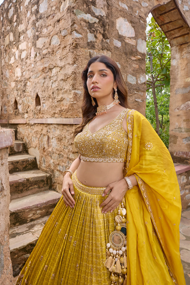 Mustard Yellow Designer Lehenga Choli with Golden Embroidery and Elegant Dupatta