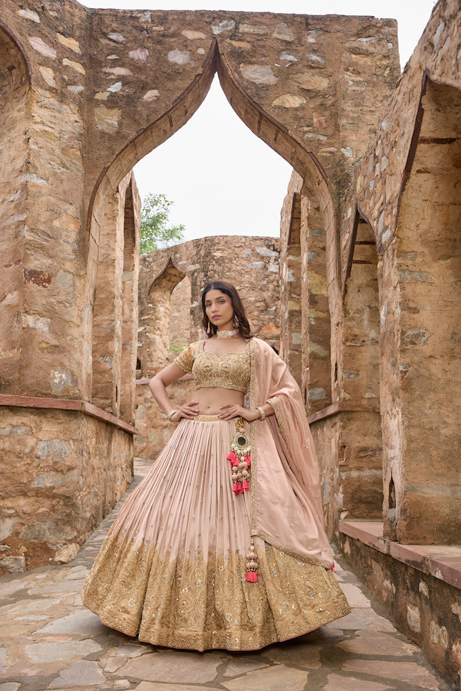 Champagne Beige Lehenga Choli with Golden Embroidery and Blush Pink Dupatta