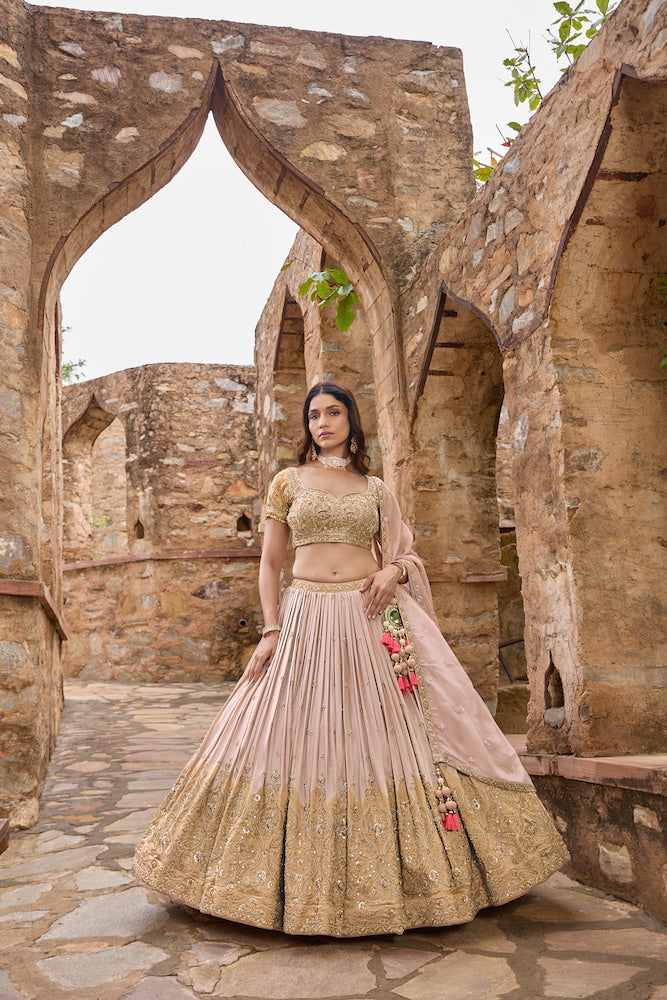 Champagne Beige Lehenga Choli with Golden Embroidery and Blush Pink Dupatta