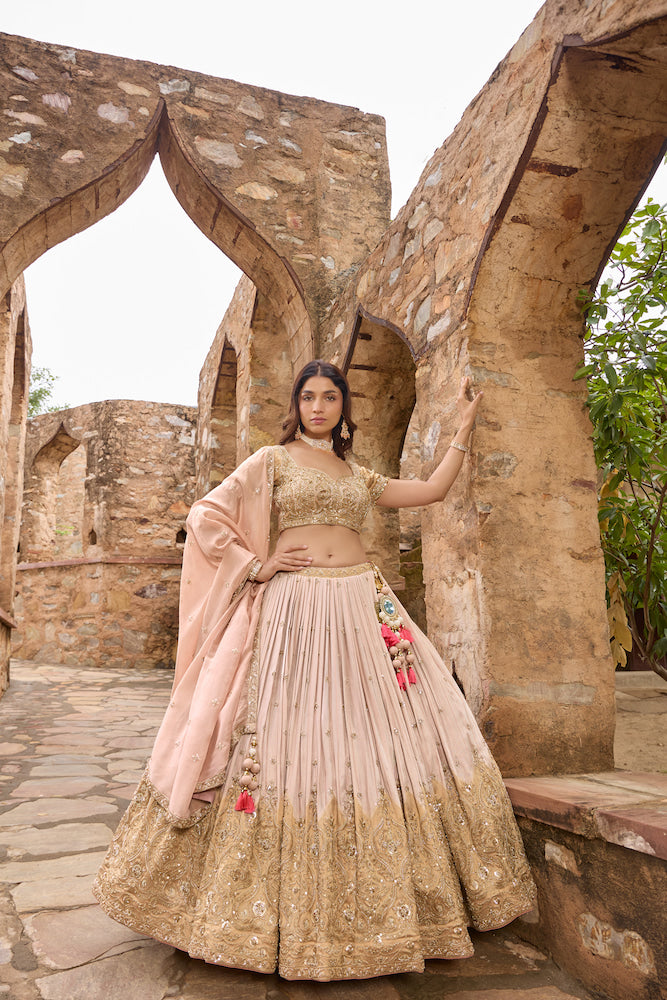 Champagne Beige Lehenga Choli with Golden Embroidery and Blush Pink Dupatta