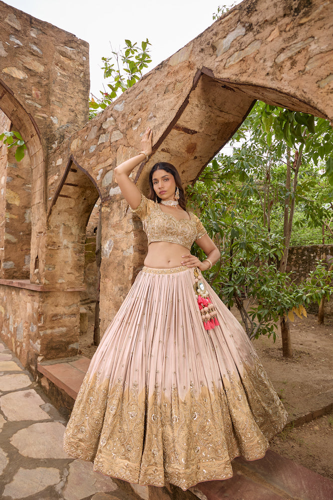 Champagne Beige Lehenga Choli with Golden Embroidery and Blush Pink Dupatta