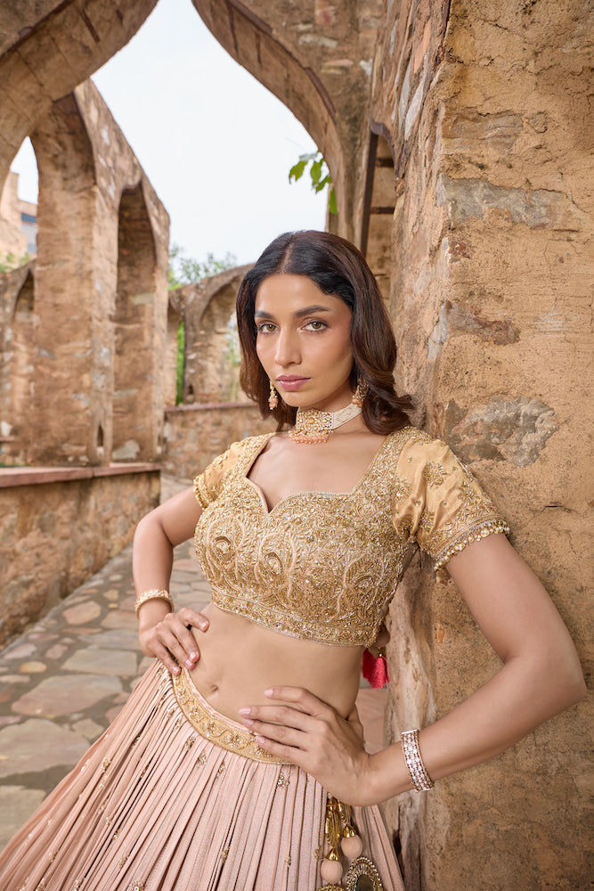 Champagne Beige Lehenga Choli with Golden Embroidery and Blush Pink Dupatta