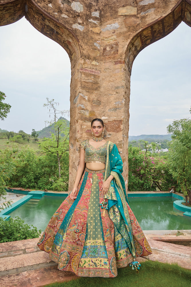 Teal Blue and Coral Pink Lehenga Choli with Multicolour Embroidery and Golden Borders