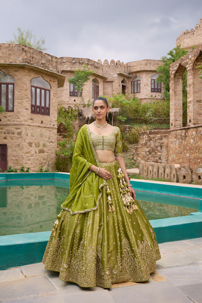 Olive Green Designer Lehenga Choli with Intricate Golden Embroidery and Traditional Motifs