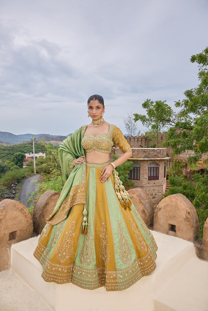 Mustard Yellow and Mint Green Lehenga Choli with Golden Embroidery and Panel Detailing
