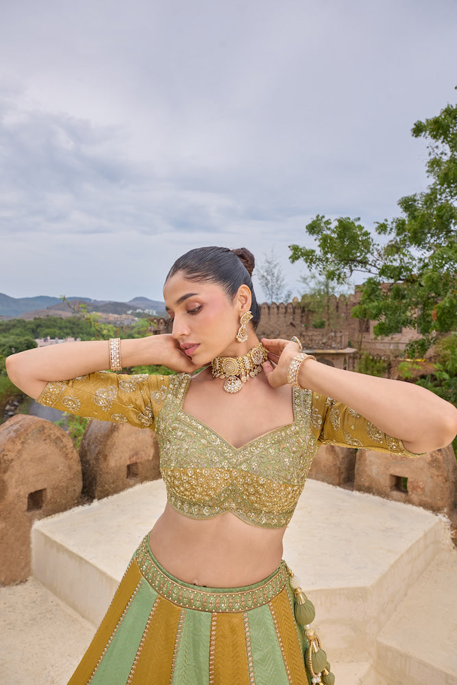 Mustard Yellow and Mint Green Lehenga Choli with Golden Embroidery and Panel Detailing