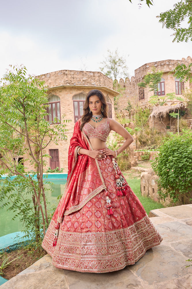 Coral Pink Embroidered Lehenga Choli with Intricate Traditional Zari Work