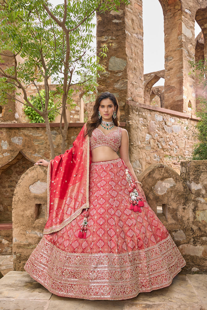 Coral Pink Embroidered Lehenga Choli with Intricate Traditional Zari Work