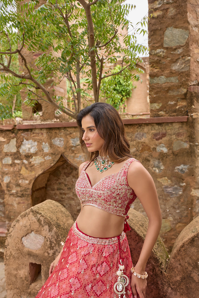 Coral Pink Embroidered Lehenga Choli with Intricate Traditional Zari Work