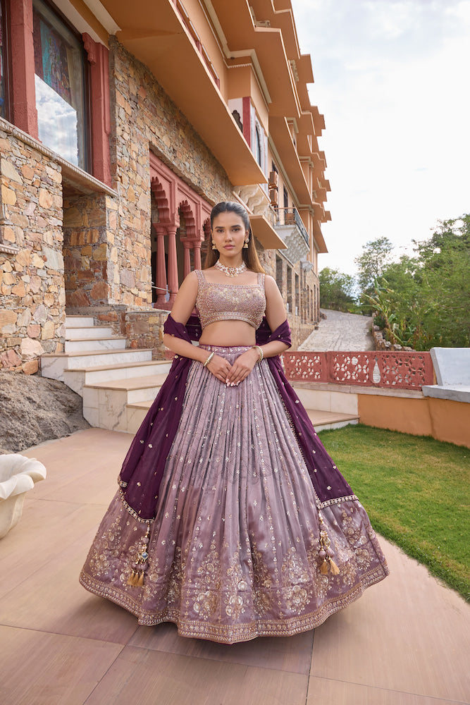 Lavender Grey Embroidered Bridal Lehenga with Deep Purple Dupatta