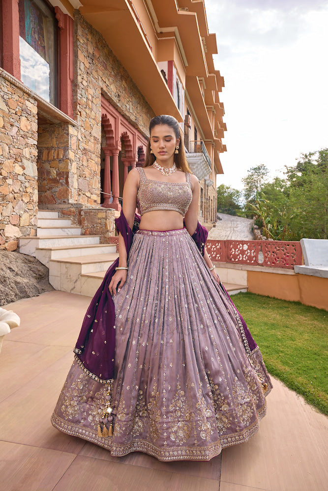 Lavender Grey Embroidered Bridal Lehenga with Deep Purple Dupatta