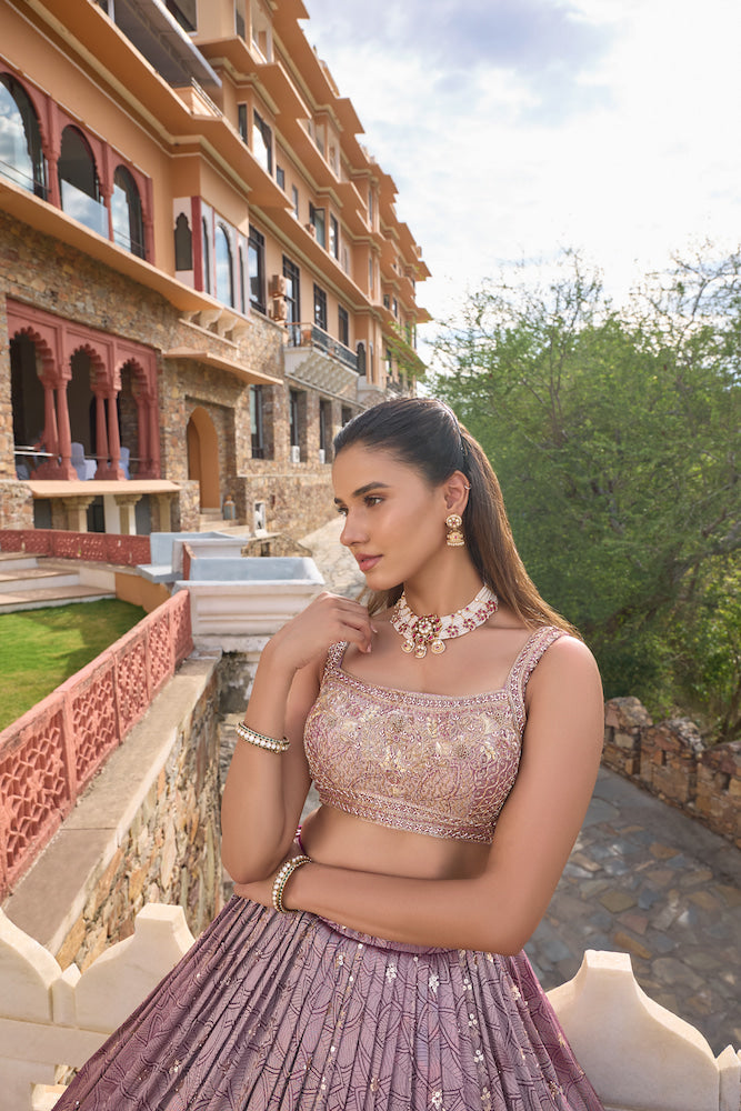 Lavender Grey Embroidered Bridal Lehenga with Deep Purple Dupatta