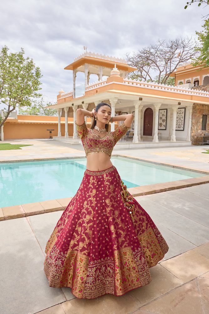 Maroon Pink Embroidered Lehenga Choli with Golden Floral Motifs and Designer Dupatta