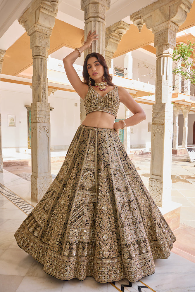 Black and Antique Gold Embroidered Designer Lehenga Choli with Elegant Dupatta